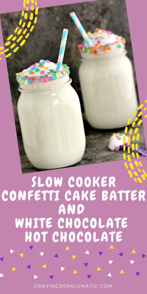 Slow cooker white chocolate hot chocolate served in mason jars with sprinkles on the rim and straws inside the glasses. 