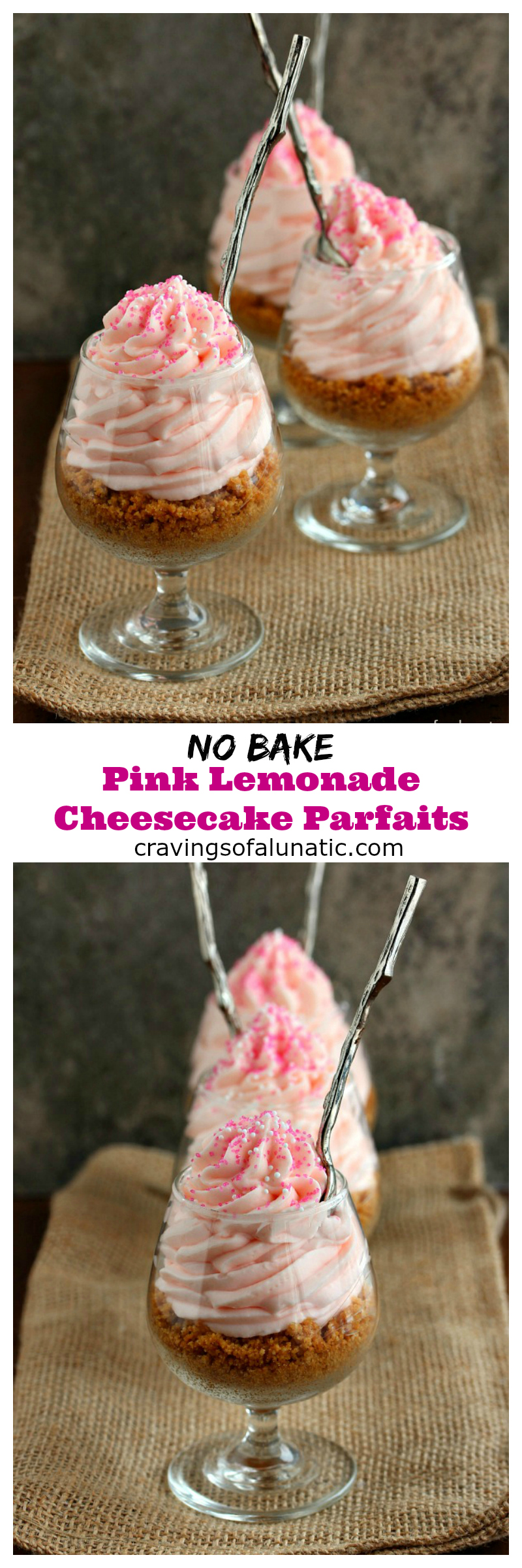 No Bake Pink Lemonade Cheesecake Parfaits from cravingsofalunatic.com- These super easy to make No Bake Pink Lemonade Cheesecake Parfaits are absolutely scrumptious. These will have you stealing them from your family members. No lie! (@CravingsLunatic) 