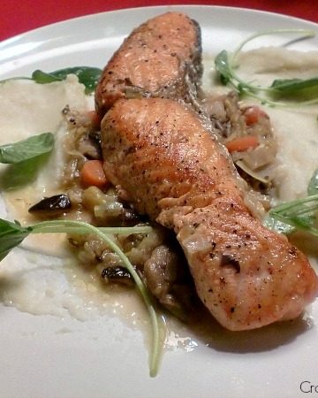 Braised Salmon with Mushrooms, Potato Purée and Watercress by Crazy Foodie Stunts