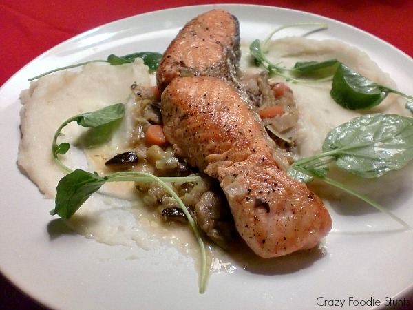 Braised Salmon with Mushrooms, Potato Purée and Watercress by Crazy Foodie Stunts 