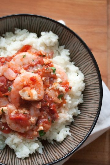Made with succulent shrimp, saucy tomatoes, bold Mediterranean spices and briny feta all baked together until bubbly and melty and delicious.