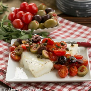 Sea Bass with Tomatoes, Olives and Capers | Guest Post by That Skinny Chick Can Bake | Simple, classic and easy to prepare!