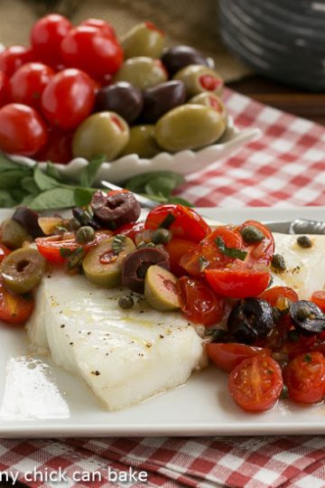 Sea Bass with Tomatoes, Olives and Capers | Guest Post by That Skinny Chick Can Bake | Simple, classic and easy to prepare!