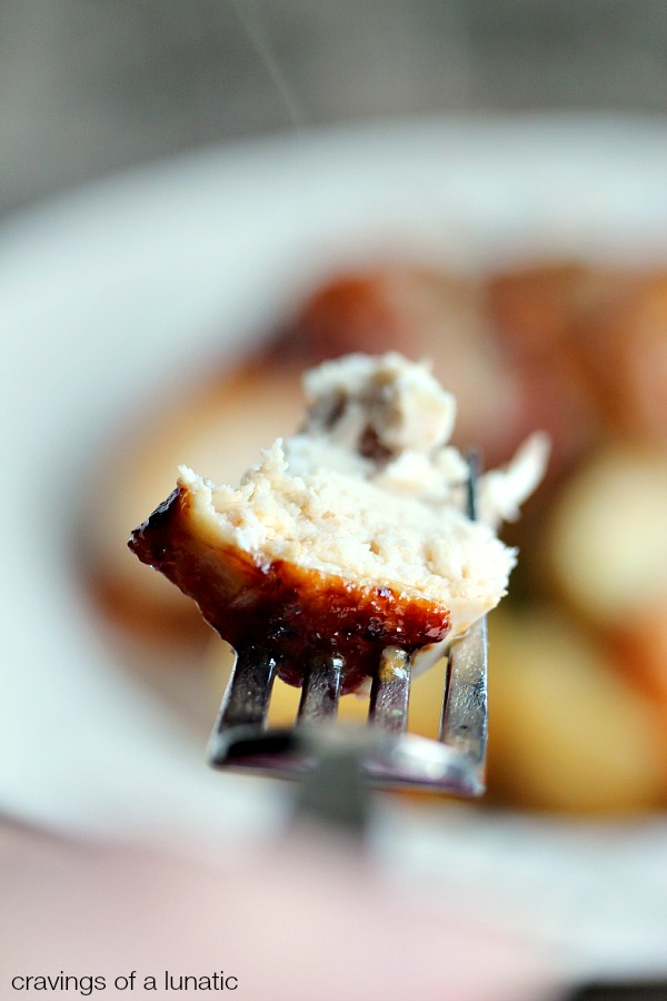 close up image of Chicken and Potato Bake with Meyer Lemons on a fork