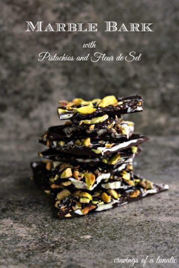 Marble Bark with Pistachios and Fleur de Sel stacked on a counter.