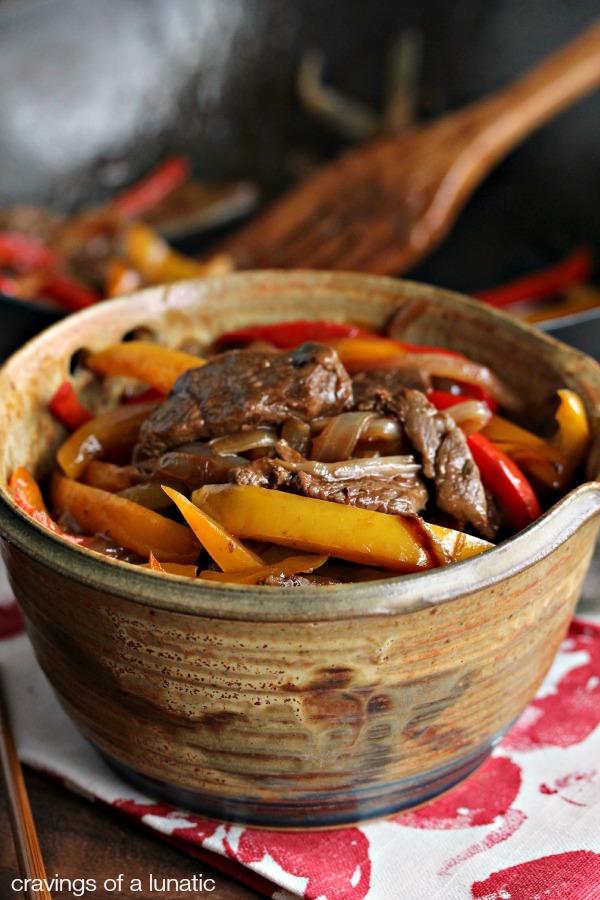 Easy Steak and Peppers served in a stir fry bowl!