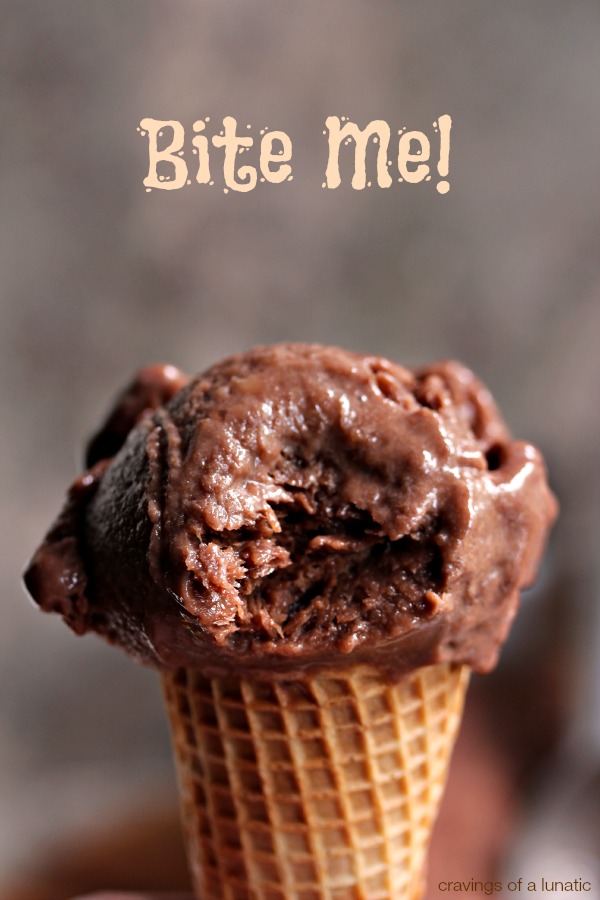 Chocolate banana ice cream in a waffle cone, with a big bite out of it and text that reads "bite me".