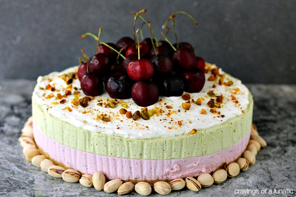 No Bake Cherry and Pistachio Cheesecake with Animal Cracker Crust on counter