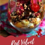 Red velvet ice cream sundae served in a stemless wine glass.