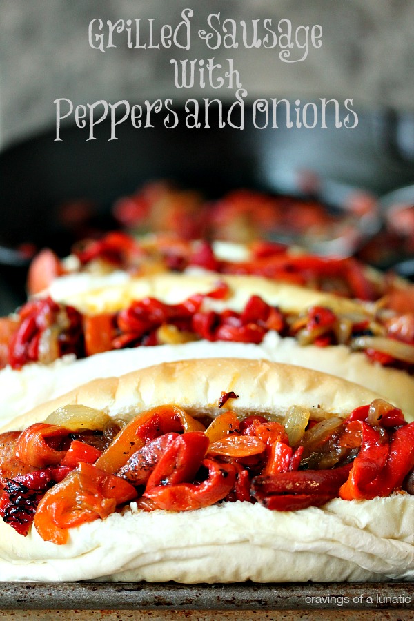 Grilled Sausage with Peppers and Onions served on sausage buns