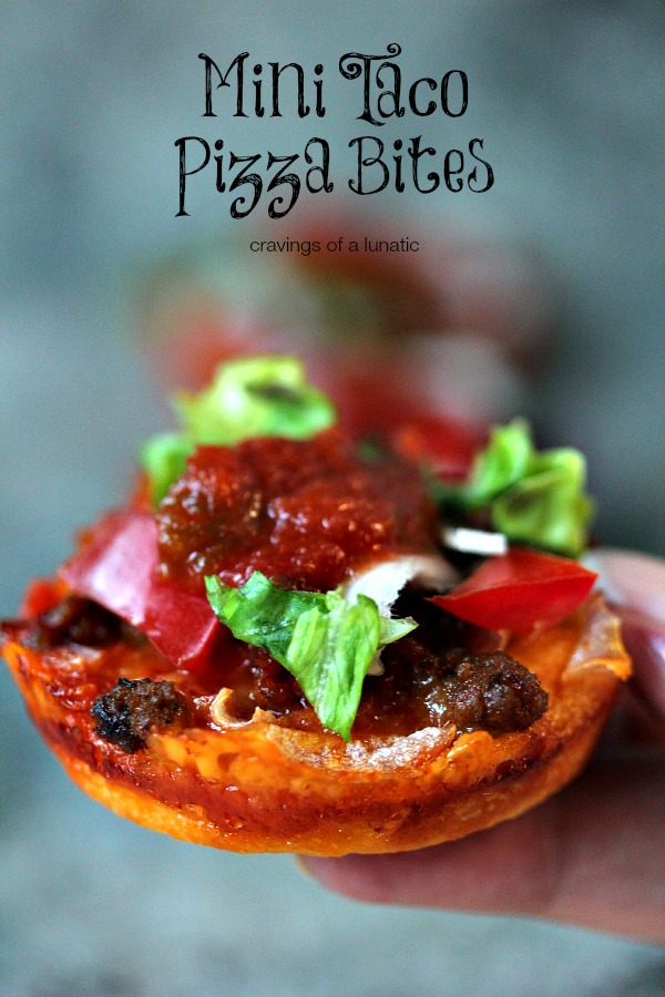 Close up image of a mini taco pizza being held in a hand, more pizzas are in the background but they are blurred out.
