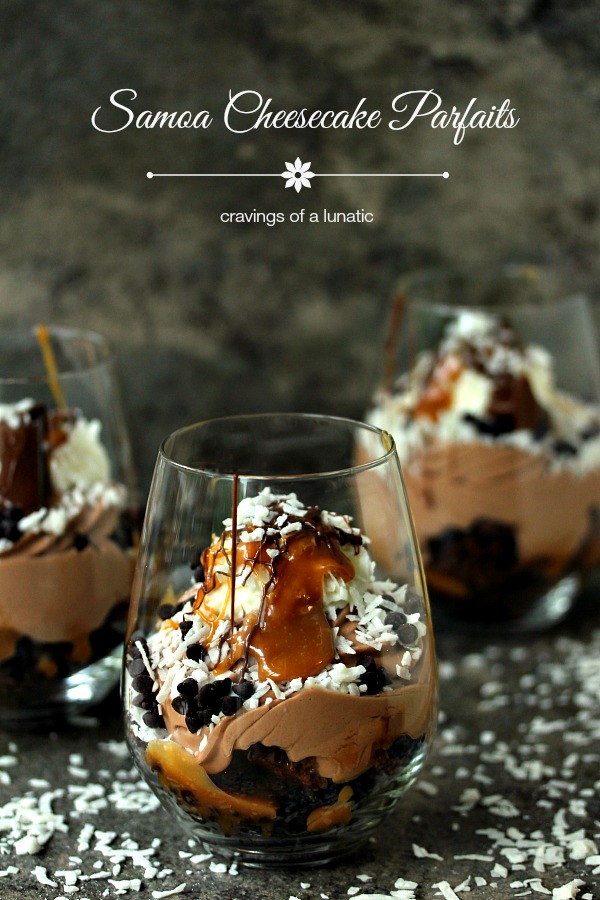 Samoa No Bake Cheesecake Parfaits | Layer upon layer of chocolate and coconut, these Samoa No Bake Cheesecake Parfaits will impress your guests.