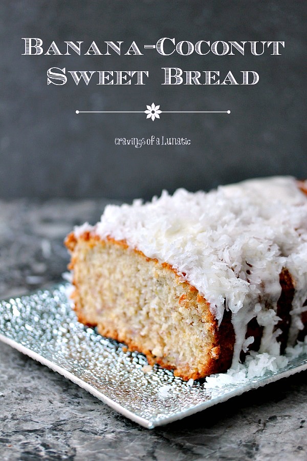 Banana Coconut Sweet Bread on a silver plate.