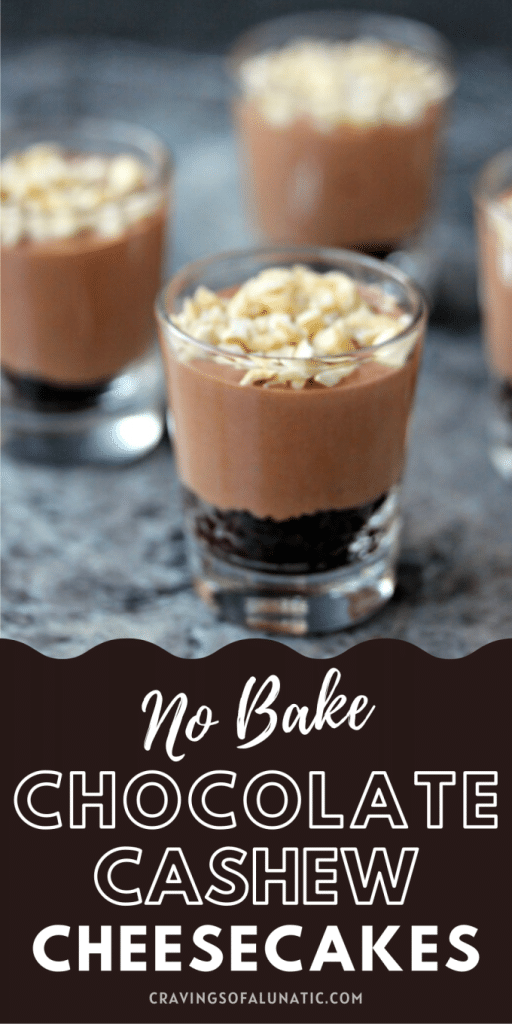 Chocolate Cashew No Bake Cheesecakes served in shot glasses 