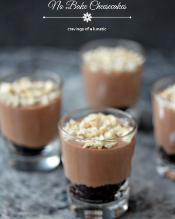 Chocolate and Cashew No Bake Cheesecakes served in shot glasses