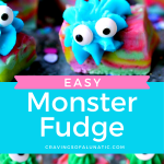 Easy monster fudge is a multi-coloured fudge cut into squares with icing on each piece and googly eyes.