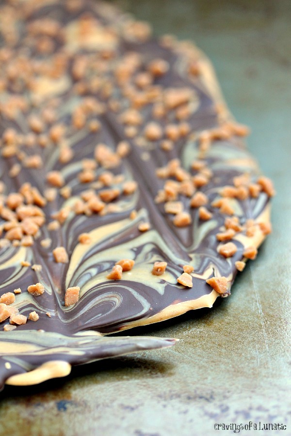 Peanut Butter and Chocolate Bark | This easy to make Chocolate and Peanut Butter Bark is a real crowd pleaser. The chocolates are marbled together then topped with Skor Bits.