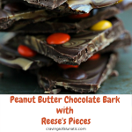 Peanut Butter and Chocolate Bark with Reese's Pieces pinterest collage image.