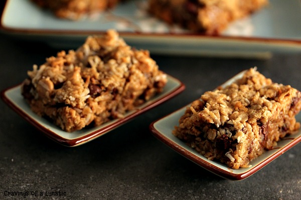 Coconut Granola Bars | Simple to make, and scrumptious to nosh on. These bars are packed with coconut and chocolate! Peanut butter gives them added taste. Enjoy!