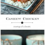 Creamy Cashew Chicken served on a blue plate with blue bowls in the background