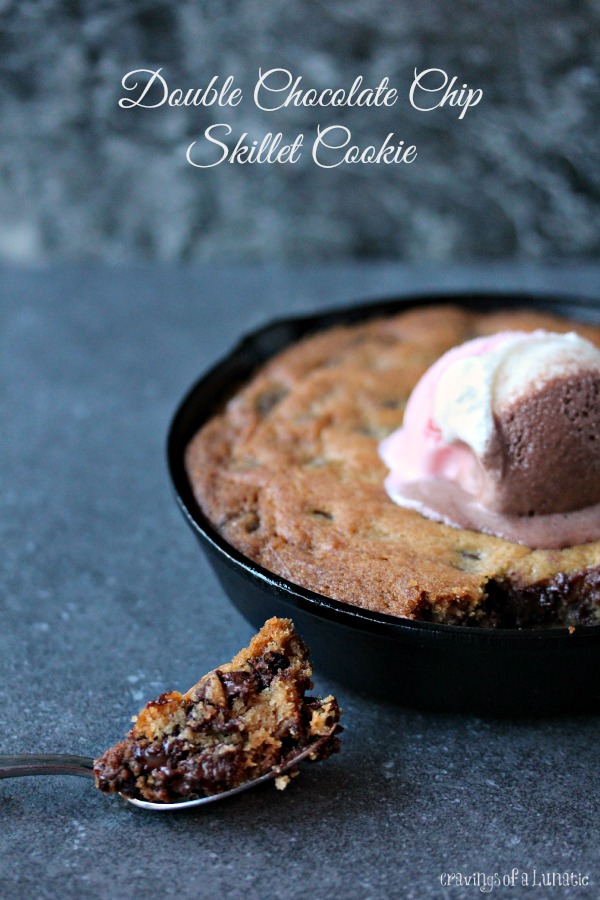 Double Chocolate Chip Skillet Cookie with a scoop of Neapolitan ice cream on top