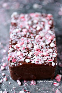 Easy Chocolate Peppermint Fudge on a grey counter with crushed peppermint scattered about.