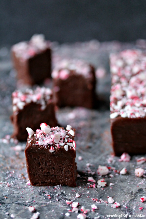 Easy Chocolate Peppermint Fudge sliced and ready to be put on a platter.
