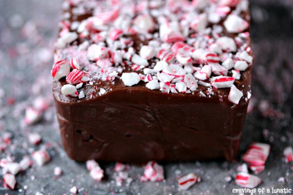 Easy Chocolate Peppermint Fudge on a grey counter with pieces of crushed peppermint scattered about.