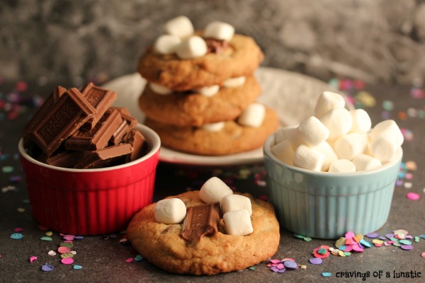 Smores Cookies on a white plate with one cookie on the counter in front of it. A small red bowl is holding chocolate and a small blue bowl is holding mini marshmallows.