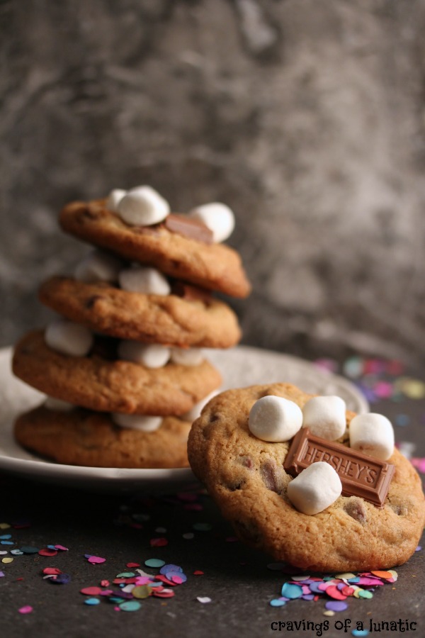 Smores cookies image with cookies stacked on a white plate with one cookie on the dark counter leaning against the plate.