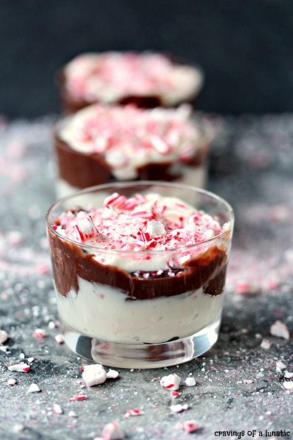 White Chocolate and Milk Chocolate Peppermint Dip served in tiny glass jars with crushed peppermints scattered about. 