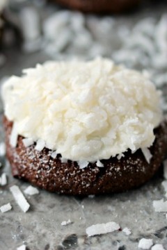 Chocolate Coconut Cookies on a grey counter with coconut flakes scattered around