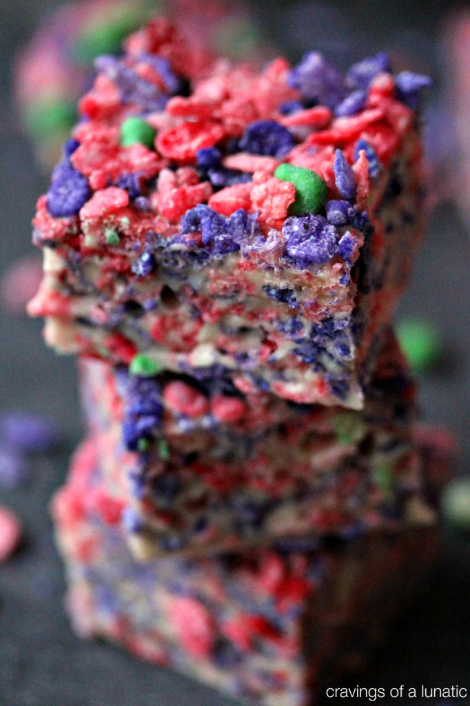 These Fruity Pebbles Krispie Treats are incredibly easy to make and are always a hit with kids and adults. We used Poppin' Pebbles for this version so they are super bright and colourful! 