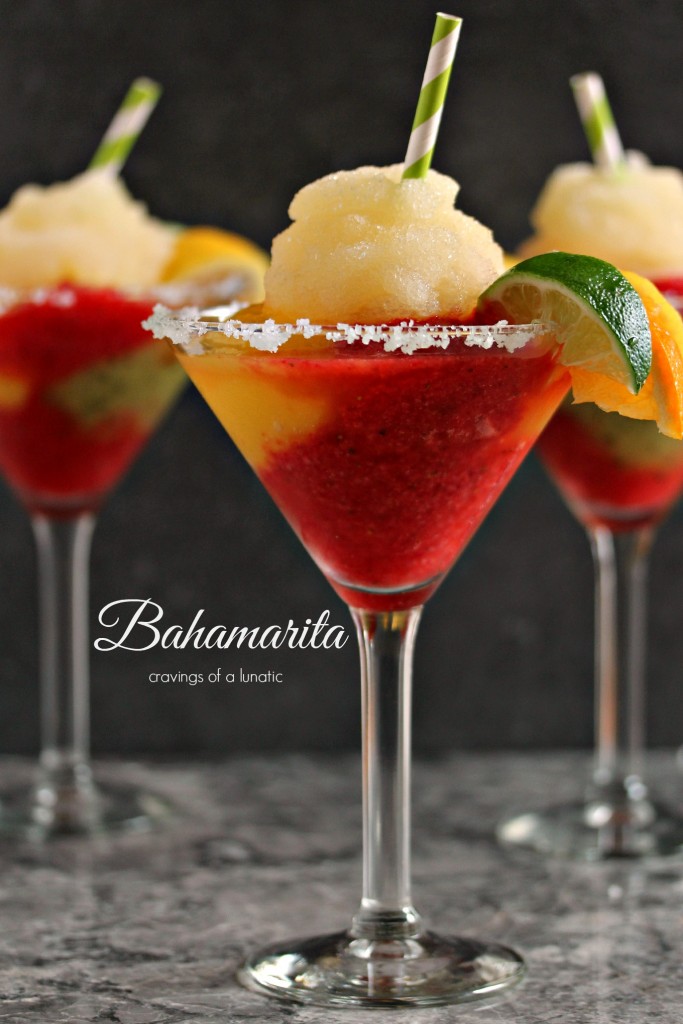 Frozen Bahamarita- This Frozen Margarita recipe is sure to be a hit at your next party. It's made with Tequila, kiwi, strawberry and mango ices and served with a shot of Cactus Juice Schnapps. There is also a recipe for a virgin version! 