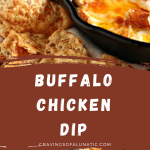 Buffalo chicken dip cooked and served in a black cast iron pan and served with chip