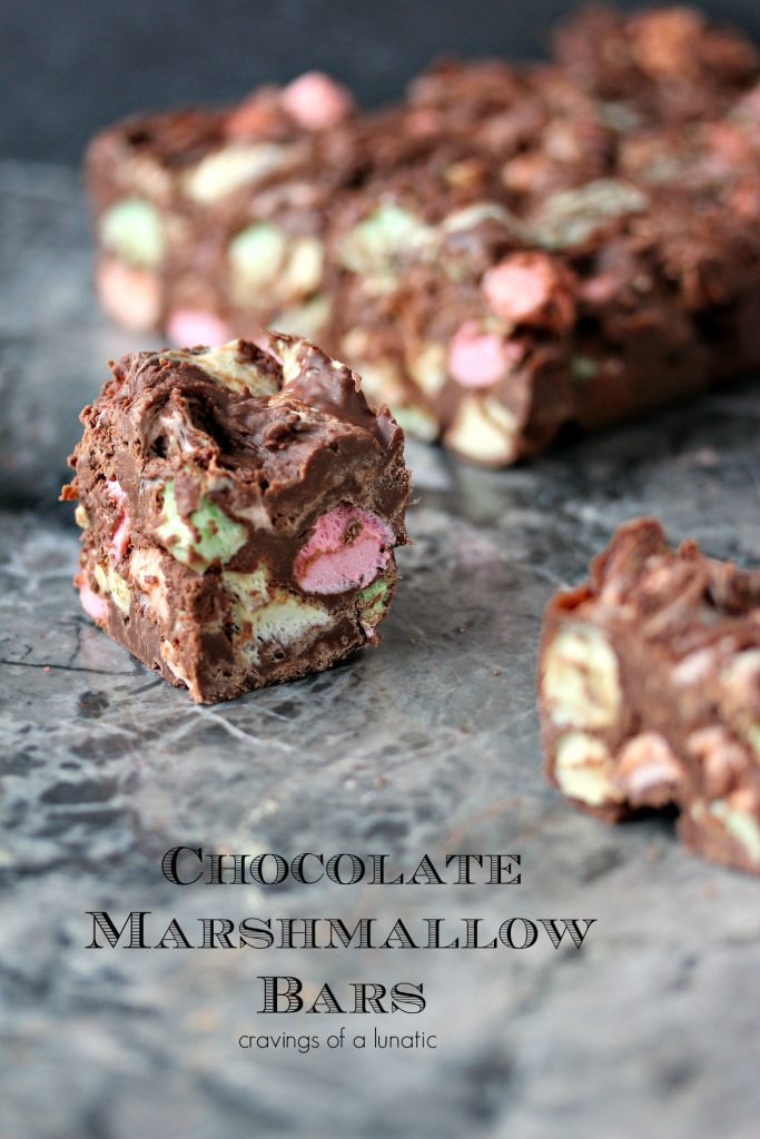 Chocolate Marshmallow Bars filled with multi-colored marshmallows 