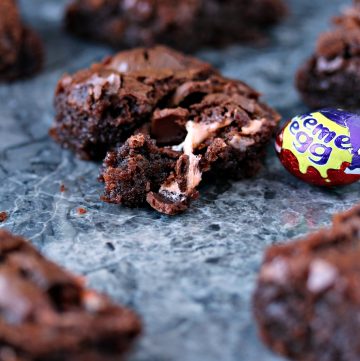 Creme Egg Brownies on a countertop t