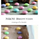 long collage image of chocolate brownies with chocolate frosting and topped with M&M candies