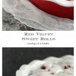 Red Velvet Sweet Rolls baked to perfection in a pie dish then slathered with lots of white icing.