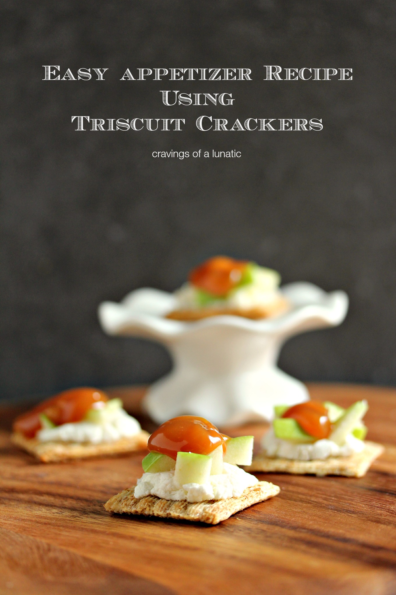 Caramel Apple Triscuit Bites- These Caramel Apple Triscuit Bites are the perfect party food. Top Triscuit Crackers with Ricotta, Apples and Caramel for sweet party bites! Get the recipe on cravingsofalunatic.com