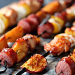 Chicken, Peach and Sausage Kebabs- Great kebab recipe you make on the grill.