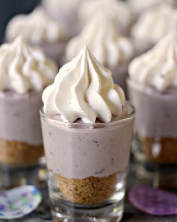 No Bake Blueberry Lemon Smoothie Mini Cheesecakes served in shot glasses