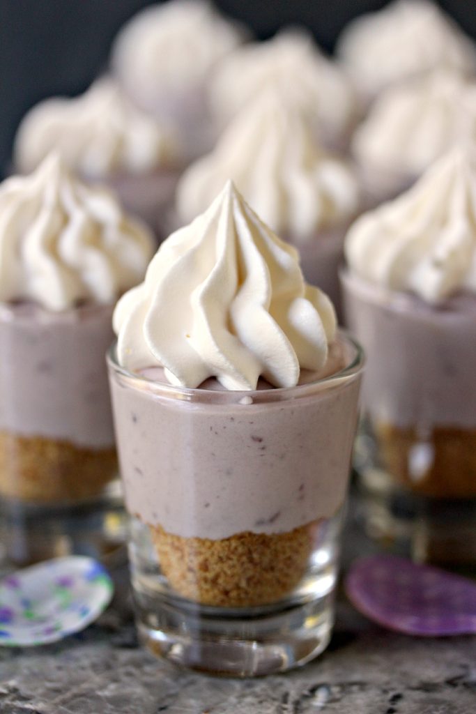 No Bake Blueberry Lemon Smoothie Mini Cheesecakes served in shot glasses
