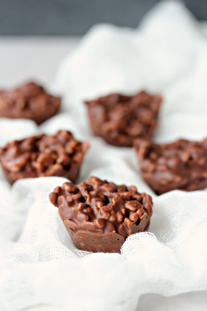 close up image of chocolate crunch bars on white fabric