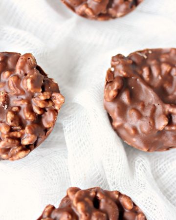 Overhead image of Chocolate Crunch Bites on white fabric