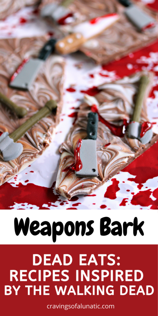 Chocolate Weapons Bark on a Halloween themed tablecloth.