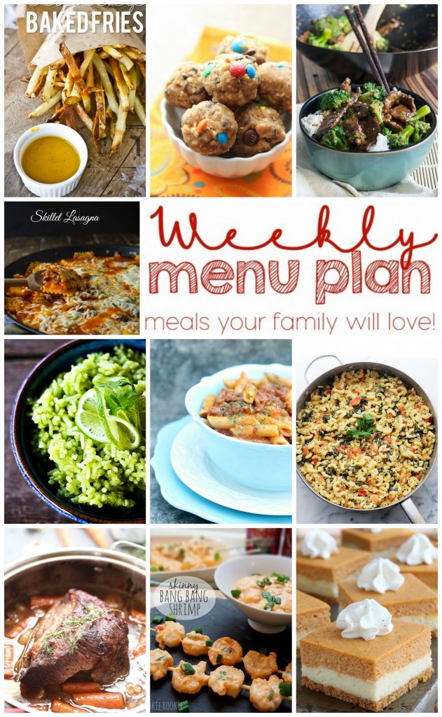 Weekly Meal Plan Week 12 featuring collage image showcasing all the dinners and dessert 