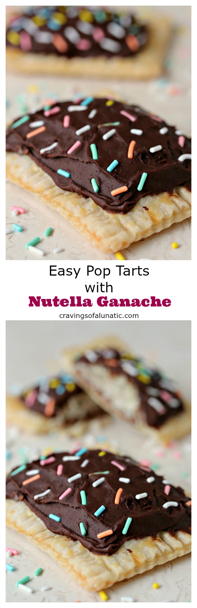 Easy Pop Tarts with Nutella Ganache from cravingsofalunatic.com- Easy to make pop tarts filled with Caramilk Pieces, then topped with Nutella Ganache and Sprinkles. Fun treat to indulge in on weekends and holidays! (@CravingsLunatic)