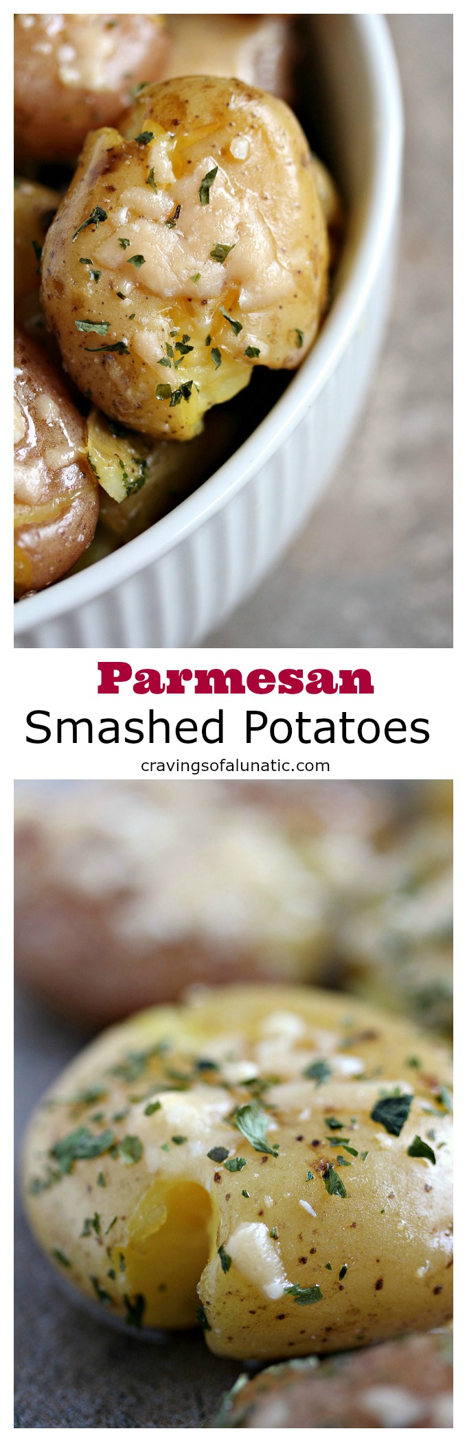 Parmesan Smashed Potatoes from cravingsofalunatic.com- Parmesan smashed potatoes are a family favourite in our household. They're a great alternative to mashed potatoes for the holidays, or all year long. (@CravingsLunatic)