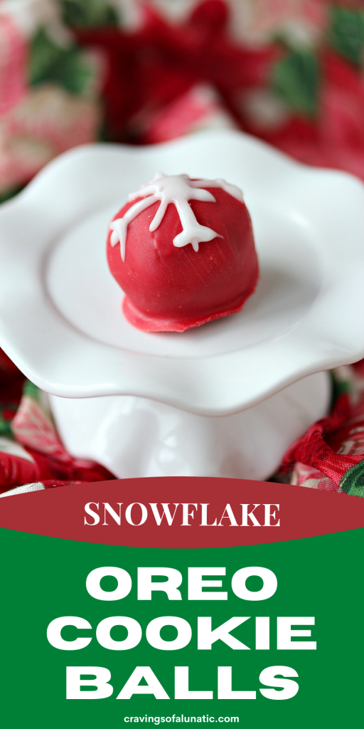 Snowflake Oreo Cookie Balls on a white mini cake stand.